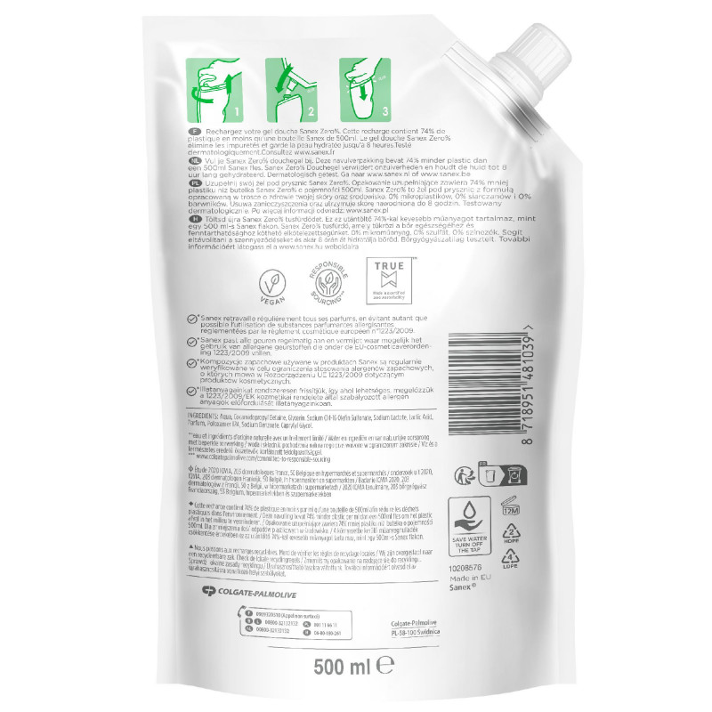 SANEX Eco Recharge Gel Douche Zero% Purifiant Tous Types de Peaux Lot de 12 x 500ml
