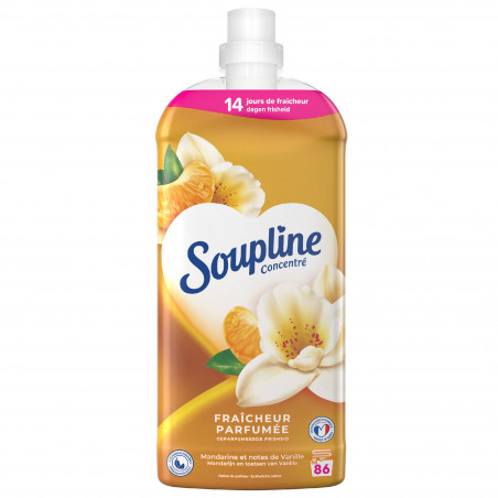 SOUPLINE Adoucissant Linge Concentré Fraîcheur Parfumée Mandarine et Notes de Vanille 14 Jours de Fraîcheur Lot de 6 x 1800ml