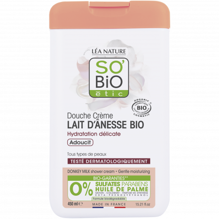 Pack de 8 SO BiO étic® Douche crème lait d'ânesse bio, hydratation délicate, adoucit