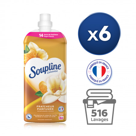 Pack de 6 - SOUPLINE Adoucissant Linge Concentré Fraîcheur Parfumée Mandarine et Notes de Vanille 14 Jours de Fraîcheur 1800ml