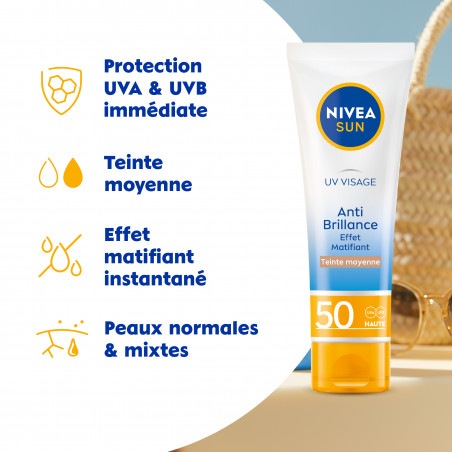 Protection solaire UV Visage NIVEA SUN FPS 50 Anti-Brillance teintée 50ml