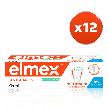 Pack de 12 - elmex - Dentifrice Anti-Caries Haleine Fraîche Bouclier Double Protection 0% Colorant 75ml