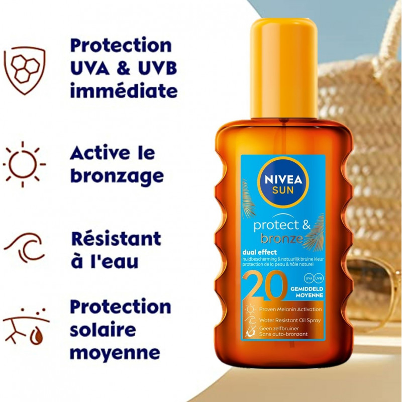 Pack de 2 - NIVEA SUN - Protection solaire Spray Huile Sèche  FPS 20 PROTECT & BRONZE 200ml