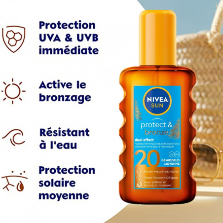 Pack de 2 - NIVEA SUN - Protection solaire Spray Huile Sèche  FPS 20 PROTECT & BRONZE 200ml