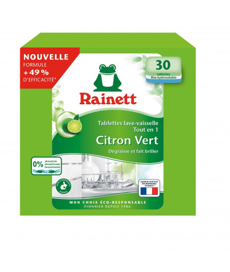 Pack de 8 - Rainett - Tablettes machine Ecolabel Lave-Vaisselle Tout-en-1 Citron vert x30