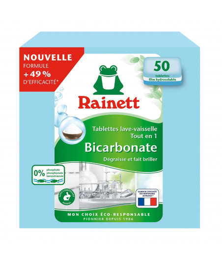 Pack de 12 - Rainett - Tablettes machine Ecolabel Lave-Vaisselle Tout-en-1 Bircarbonate x50