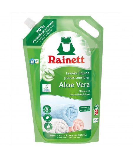 Pack de 5 - Rainett - Lessive Liquide Peaux Sensibles Ecolabel Aloe Vera 1,7l - Recharge 34 lavages