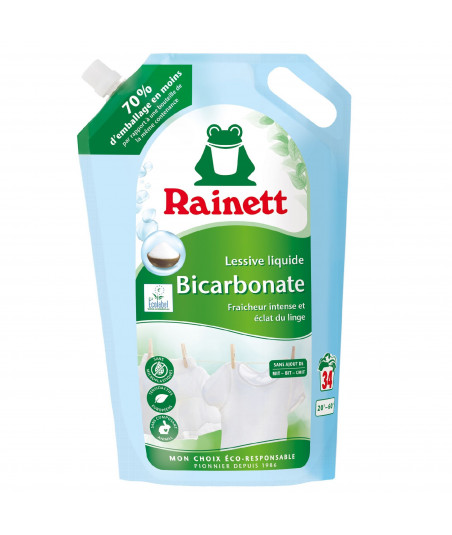 Pack de 5 - Rainett - Lessive Liquide Ecolabel Bicarbonate 1,7l - Recharge 34 lavages