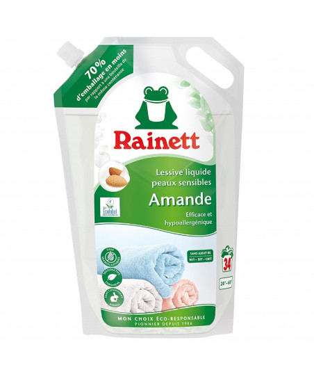 Pack de 5 - Rainett - Lessive Liquide Peaux Sensibles Ecolabel Amande 1,7l - Recharge 34 lavages