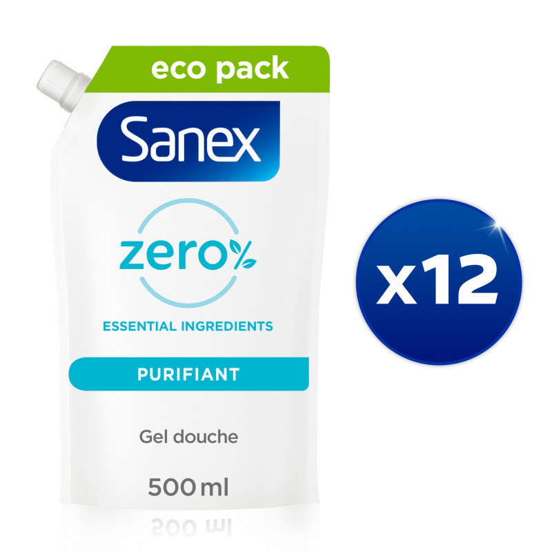 Pack de 12 - SANEX Eco Recharge Gel Douche Zero% Purifiant Tous Types de Peaux 500ml