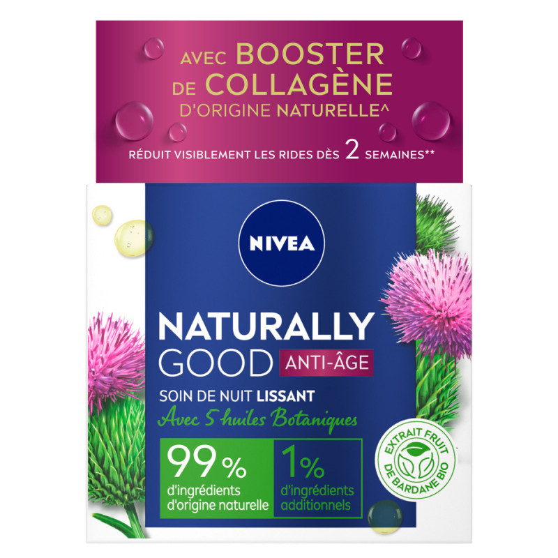 Pack de 2 - Soin Visage Nuit Anti-Âge NIVEA Extrait de Bardane BIO & Huile d'Argan Tous Types de Peaux NATURALLY GOOD 50ml