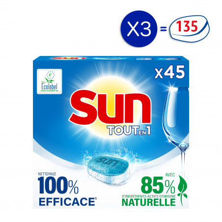 135 lavages - Tablettes Lave-Vaisselle Tout En 1 SUN Regular Ecolabel (Lot de 3x45)