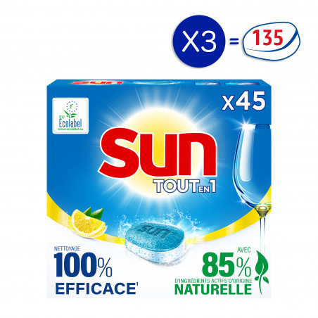 135 lavages - Tablettes Lave-Vaisselle Tout En 1 SUN Citron Ecolabel (Lot de 3x45)