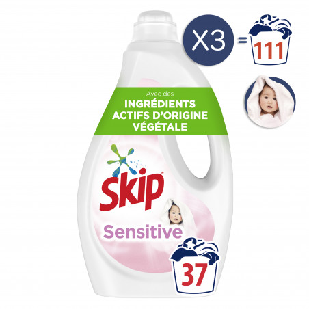 111 lavages - Lessive Liquide SKIP Sensitive Peaux Sensibles & Bébés (Lot de 3x37)