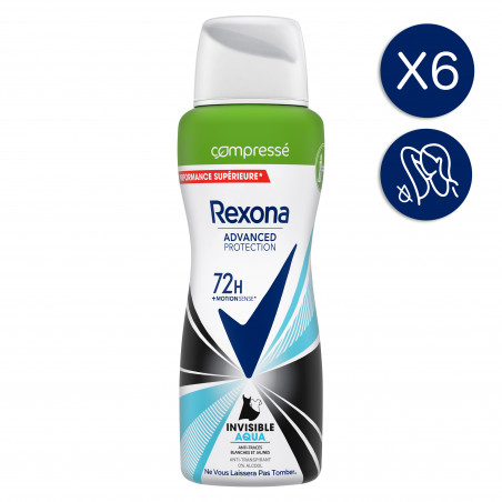 6 Déodorants REXONA Anti-Transpirant Spray Compressé 72H Invisible Aqua (Lot 6x100ml)