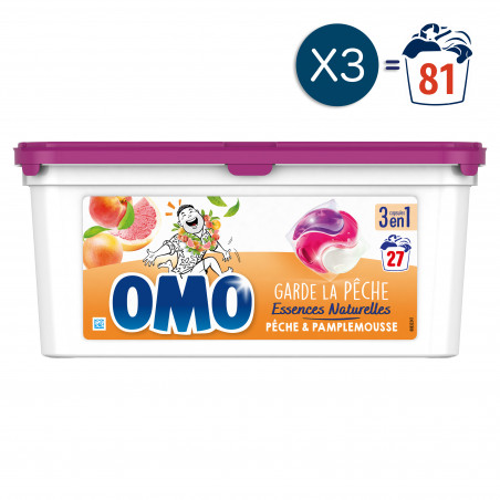 81 lavages - Capsules OMO Lessive Pêche et Pamplemousse (Lot de 3x27)