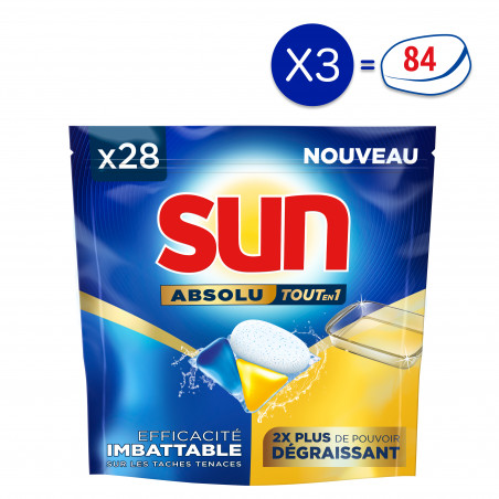 84 lavages - Capsules Tout-en-1 SUN Absolu Dégraissant (Lot de 3x28)