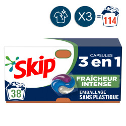 114 lavages - Capsules 3-en-1 SKIP Lessive Fraîcheur Intense (Lot de 3x38)