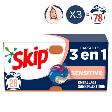 78 lavages - Capsules 3en1 SKIP Lessive Sensitive (Lot de 3x26) 78 lavages - Capsules 3en1 SKIP Lessive Sensitive (Lot de 3x26)
