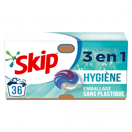 SKIP Lessive Capsules 3 en 1 Hygiène sans emballage plastique 36 Lavages