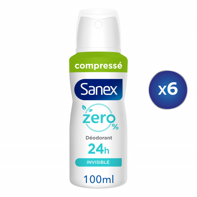 Pack de 6 - Sanex Déodorant sans sels d'aluminium Zéro 0% Men anti traces blanches spray compressé - 100ml