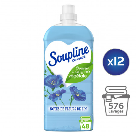 Pack de 12 - SOUPLINE Adoucissant Linge Concentré Douceur d'Origine Végétale Aux Notes de Fleurs de Lin 1200ml