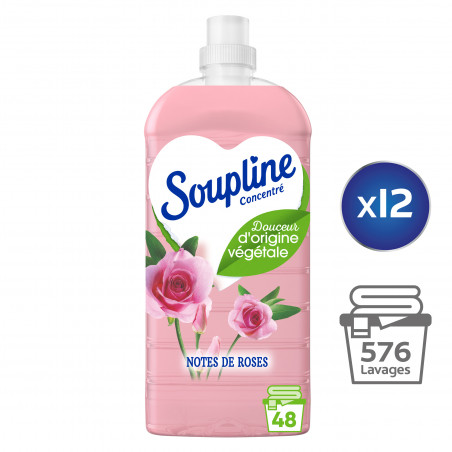 Pack de 12 - SOUPLINE Adoucissant Linge Concentré Douceur D'origine Végétale Aux Notes de Roses 1200ml