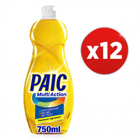 Pack de 12 - PAIC Liquide Vaisselle Multi Action Fraîcheur Agrumes Super Dégraissant Brillance et Anti-Traces 750ml