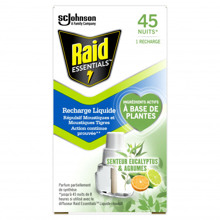 RAID ESSENTIALS ELECTRIQUE LIQUIDE RECHARGE REPULSIF MOUSTIQUES EUCALYPTUS & AGRUMES 45 NUITS