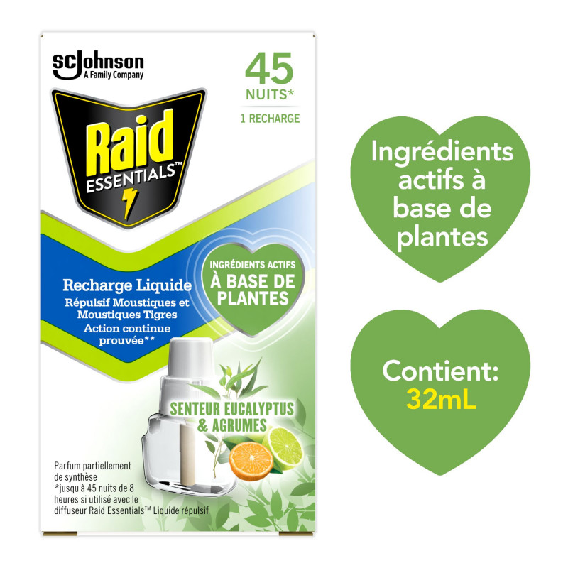 RAID ESSENTIALS ELECTRIQUE LIQUIDE RECHARGE REPULSIF MOUSTIQUES EUCALYPTUS & AGRUMES 45 NUITS