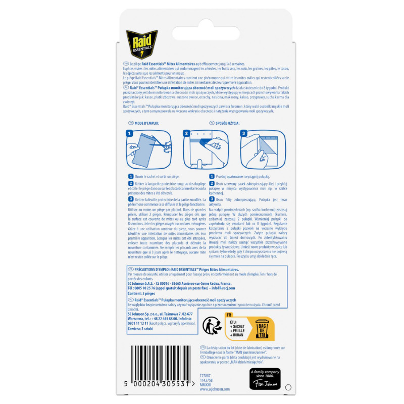 RAID ESSENTIALS PIEGES MITES ALIMENTAIRES SANS INSECTICIDES X3