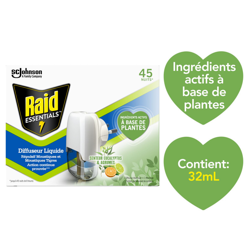 RAID ESSENTIALS ELECTRIQUE LIQUIDE DIFFUSEUR REPULSIF MOUSTIQUES EUCALYPTUS & AGRUMES 45 NUITS