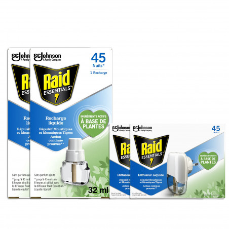 RAID ESSENTIALS 2 DIFFUSEURS ELECTRIQUES LIQUIDES ET 4 RECHARGES ELECTRIQUES LIQUIDES 45 NUITS