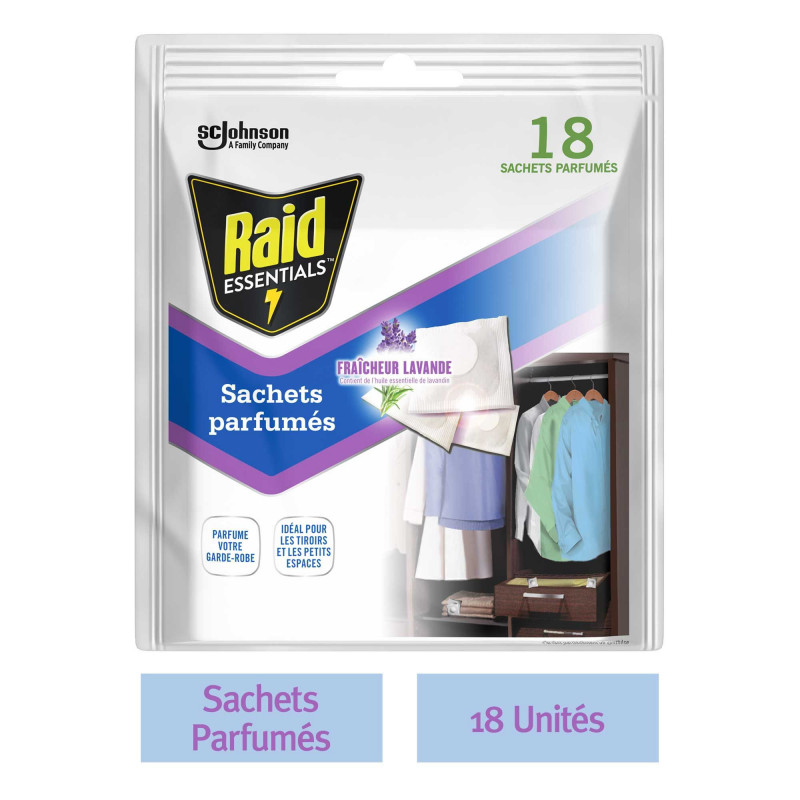 RAID ESSENTIALS SACHETS PARFUMES FRAICHEUR LAVANDE AVEC HUILE ESSENTIELLE DE LAVANDIN X18