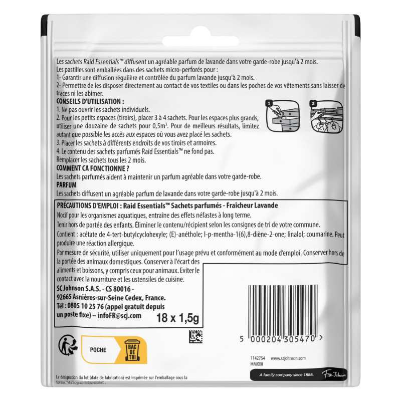 RAID ESSENTIALS SACHETS PARFUMES FRAICHEUR LAVANDE AVEC HUILE ESSENTIELLE DE LAVANDIN X18
