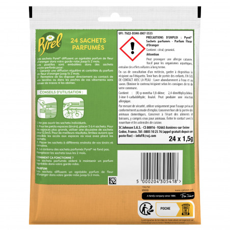 PYREL SACHETS PARFUMES FLEUR D'ORANGER AVEC HUILE ESSENTIELLE DE CITRON X24