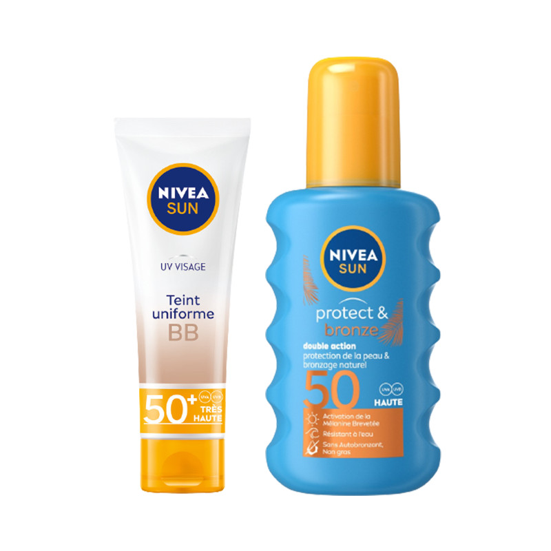 ROUTINE SUN Visage & Corps : Crème UV Visage BB FPS 50+  50ml+ Spray Protect&Bronze FPS 50  200ml