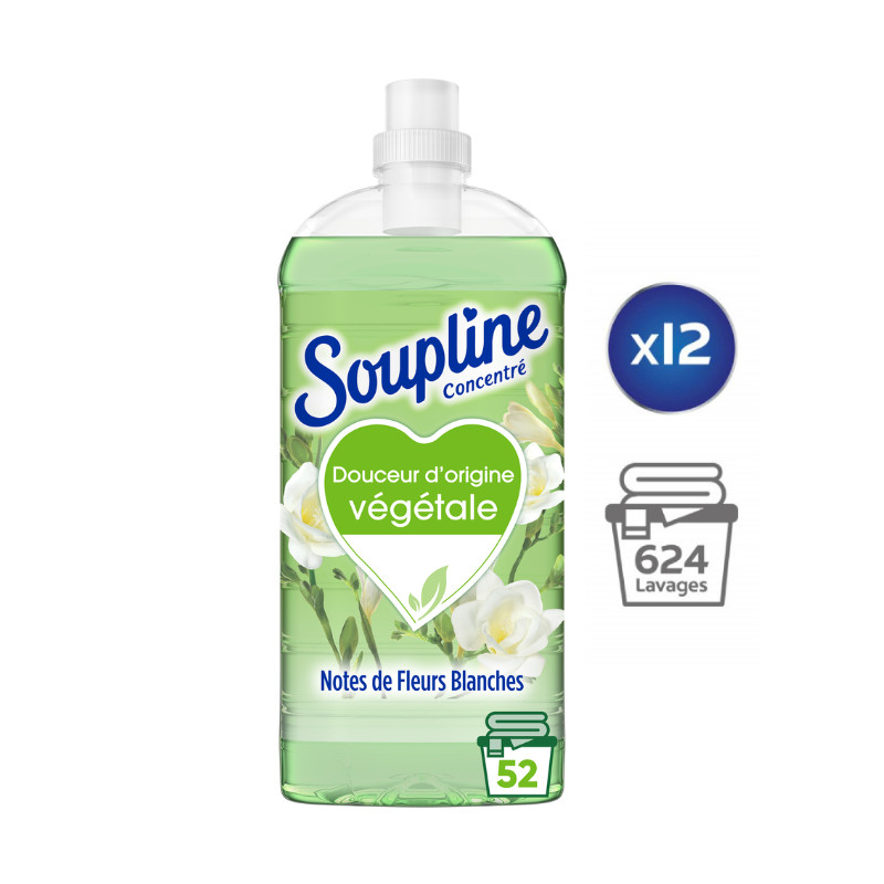 Pack de 12 - Adoucissant concentré Soupline Douceur végétale Notes de Fleurs blanches 52 lavages - 1,3L