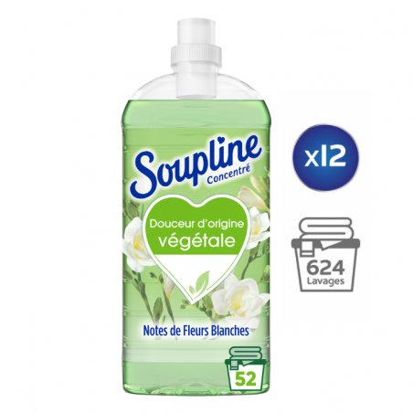 Pack de 12 - Adoucissant concentré Soupline Douceur végétale Notes de Fleurs blanches 52 lavages - 1,3L