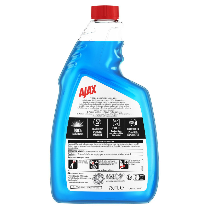 Pack de 12 - Recharge Nettoyant Vitres Ajax Triple Action Ecolabel - 750ml