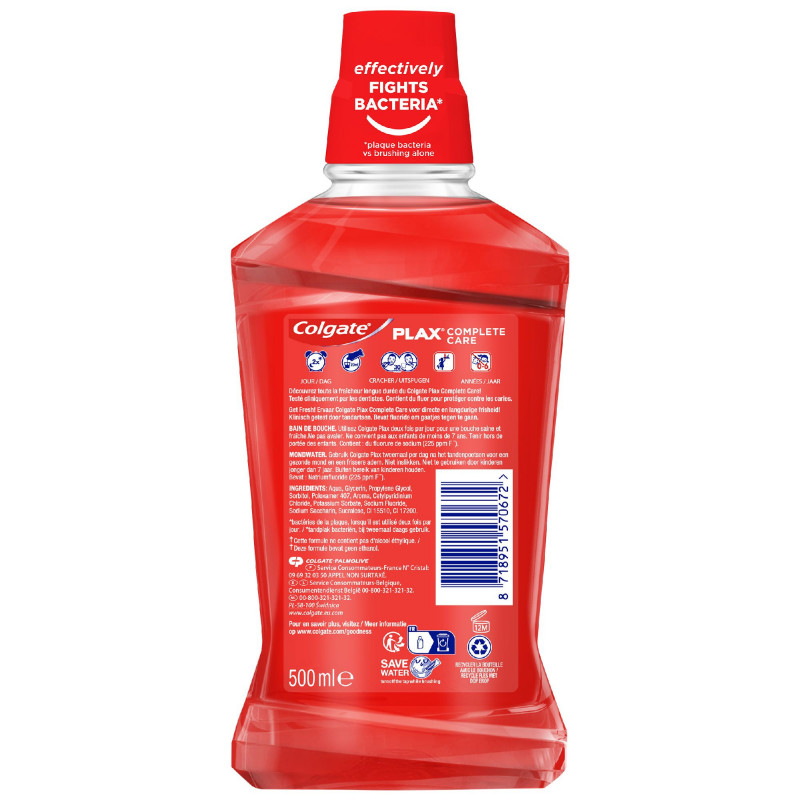 Pack de 12 - Bain de bouche sans alcool Antibactérien Colgate Plax 24h protection complète - 500ml
