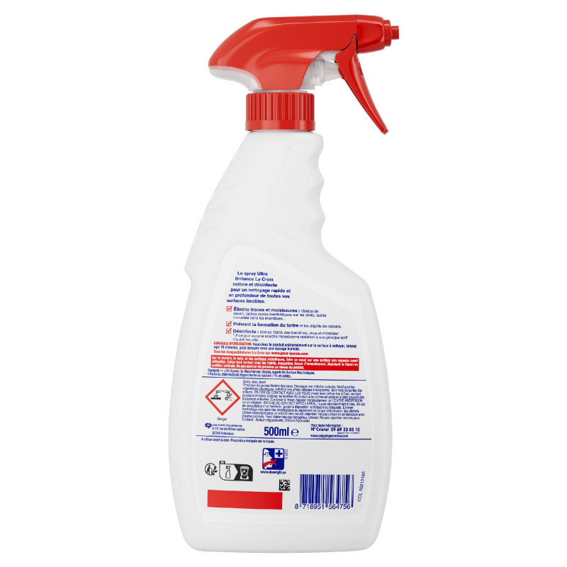 Pack de 12 - Nettoyant Ménager La Croix salle de bain Spray Désinfectant Ultra brillance Javel - 500ml