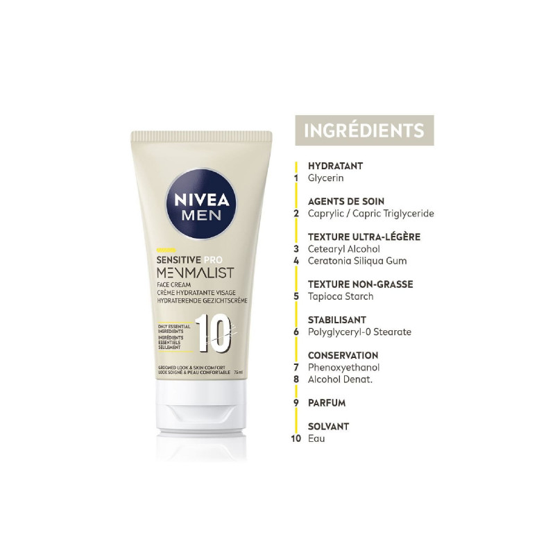 Crème hydratante visage homme NIVEA MEN peaux sensibles de 10 ingrédients seulement Sensitive Pro Me