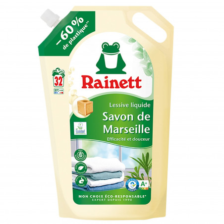Rainett Lessive liquide Ecolabel Savon de Marseille recharge 32 lavages 1,6L