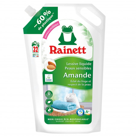 Rainett Lessive liquide peaux sensibles Ecolabel Amande recharge 32 lavages 1,6L