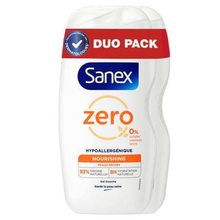 Lot de 2 gels douche sans savon Sanex Zéro 0% Essential Peaux sèches