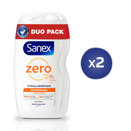 Pack de 2 - Lot de 2 Gels Douche sans savon Sanex Zéro 0% Essential Peaux sèches
