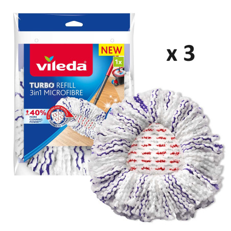 Vileda Recharge Turbo 3 en 1 avec pad central – Retire 99% des bactéries Vileda Recharge Turbo 3 en 1 avec pad central – Retire 99% des bactéries