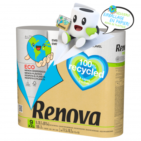 Renova - Pack de 8 Paquets de 9 Rouleaux Papier Hygiénique 100% Recycled Renova - Pack de 8 Paquets de 9 Rouleaux Papier Hygiénique 100% Recycled