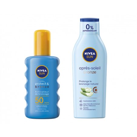Nivea Sun - Lot Adulte - 1 Spray Protect & Bronze FPS 50 + 1 Lait après-soleil prolongateur de bronzage Nivea Sun - Lot Adulte - 1 Spray Protect & Bronze FPS 50 + 1 Lait après-soleil prolongateur de bronzage